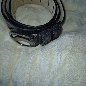 Women's Black Leather Belt with Polished Metal Buckle